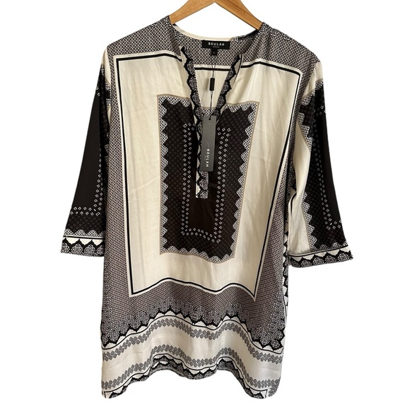 NWT Beulah Style women’s Large V Neck Scarf Print Shift Dress Black Cream Party - Picture 1 of 5